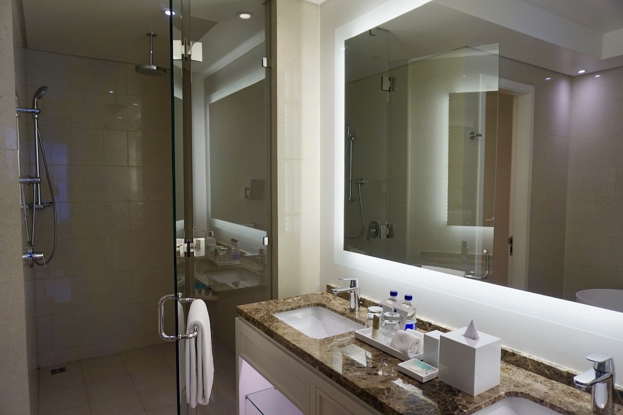 Hyatt Regency Cartagena master bathroom with shower and vanity