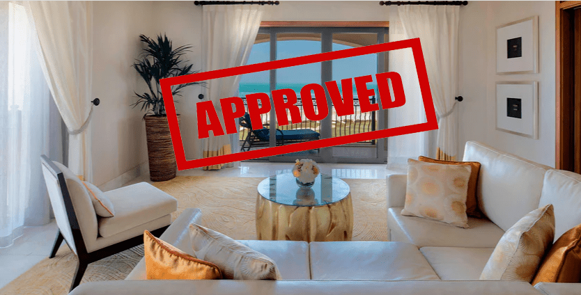 Hotel room image with approved stamped across representing the Marriott Suite Night Awards approval