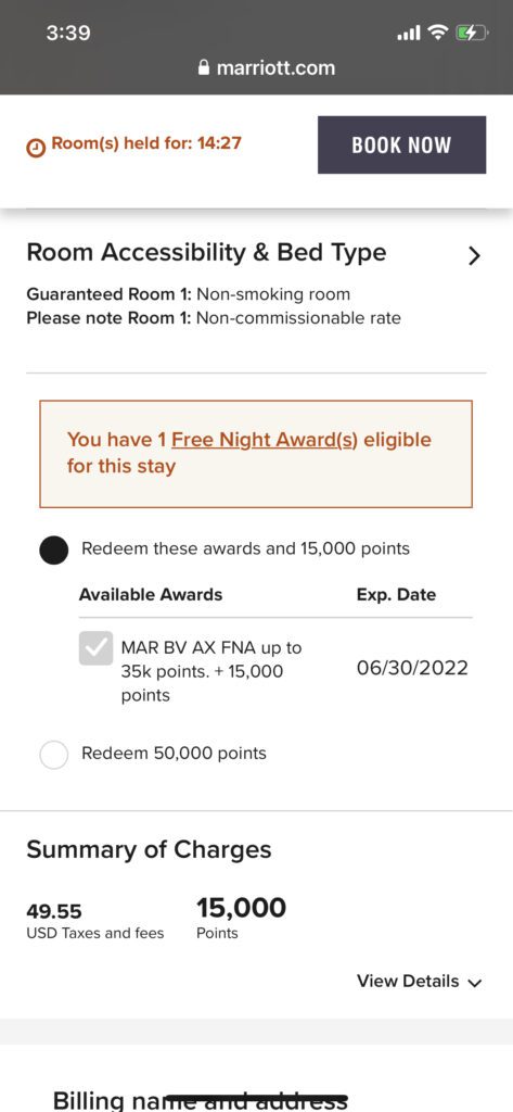 Marriott Free Night Award Top Off on Mobile