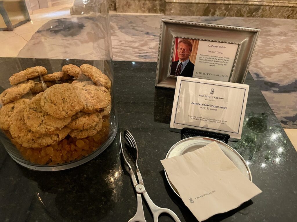 Jar of President Jimmy Carters Favorite cookies next to his picture at the Ritz Carlton Washington DC