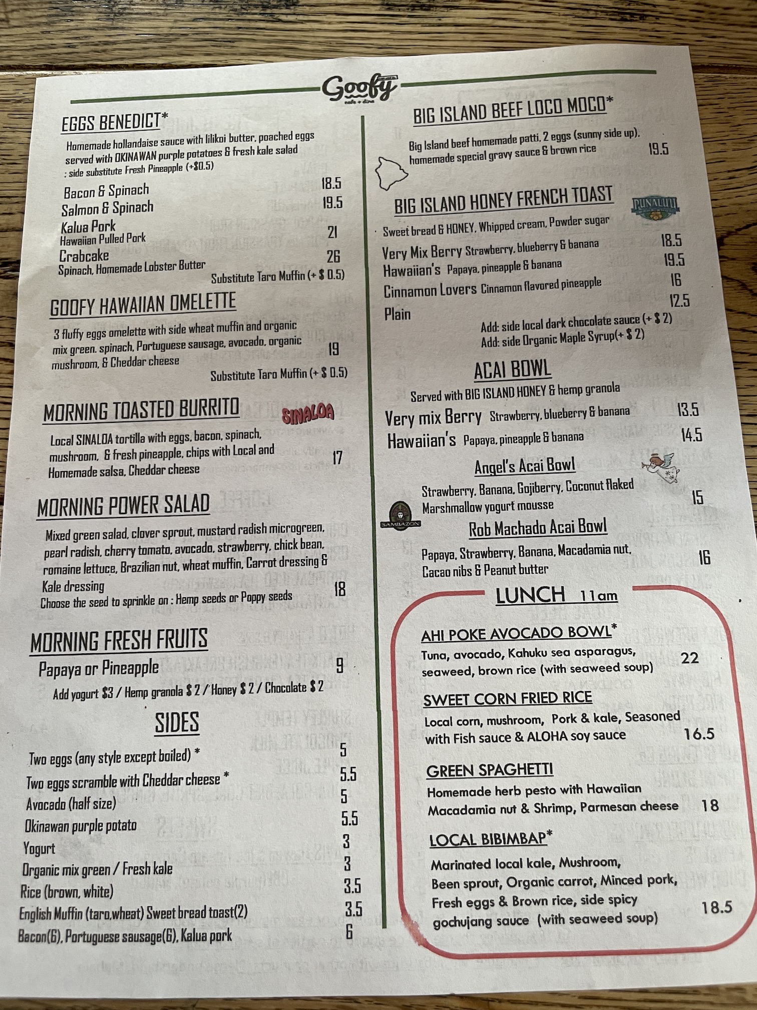 Goofy Cafe & Dine Menu