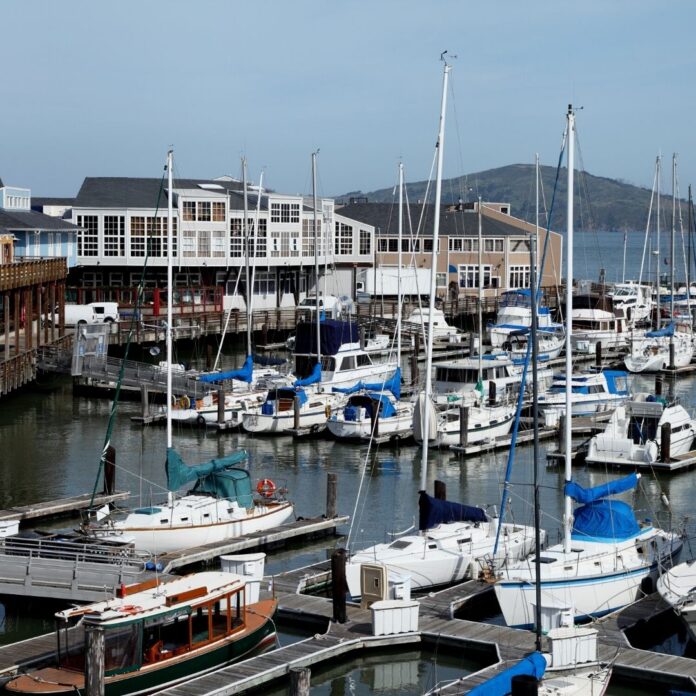 a group of boats in a harbor
