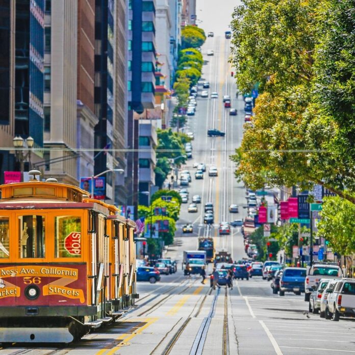 San Francisco street with cable car