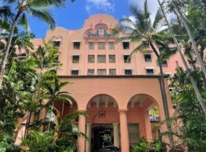The Royal Hawaiian Hotel front facade, one of the best luxury hotels on Oahu