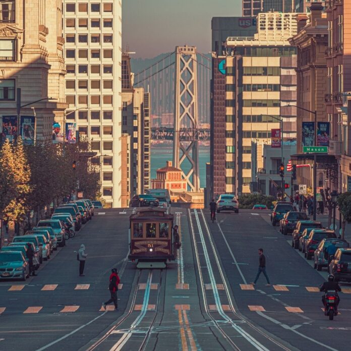 Cityscape view of San Francisco with street car