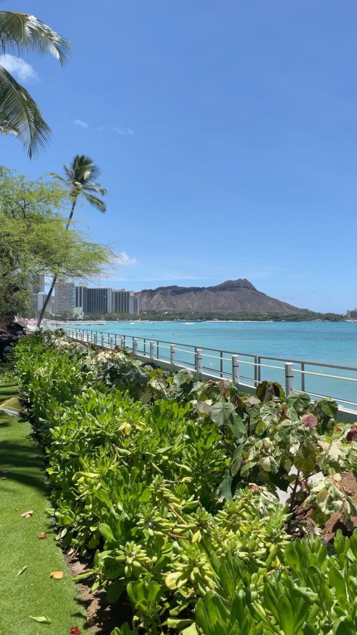 a body of water with a body of water and a beach with a mountain in the background