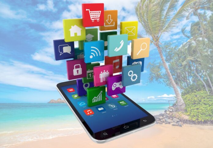 a cell phone with colorful square icons flying out of it