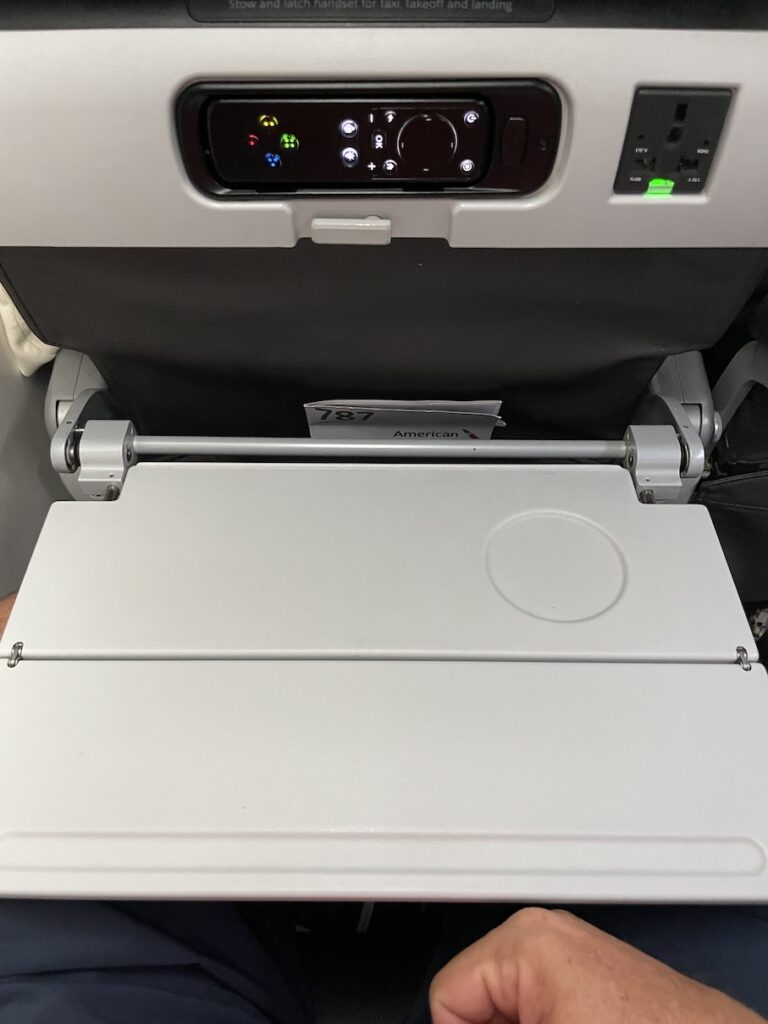 American Airlines Main Cabin Extra Boeing 787 IFE and tray table