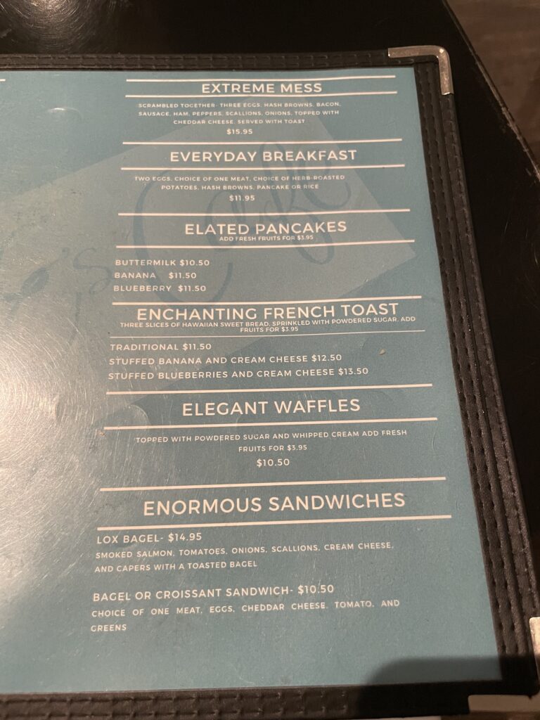 Menu at Sweet E's Cafe on Oahu