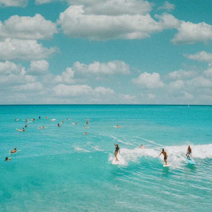 a group of people surfing in the ocean