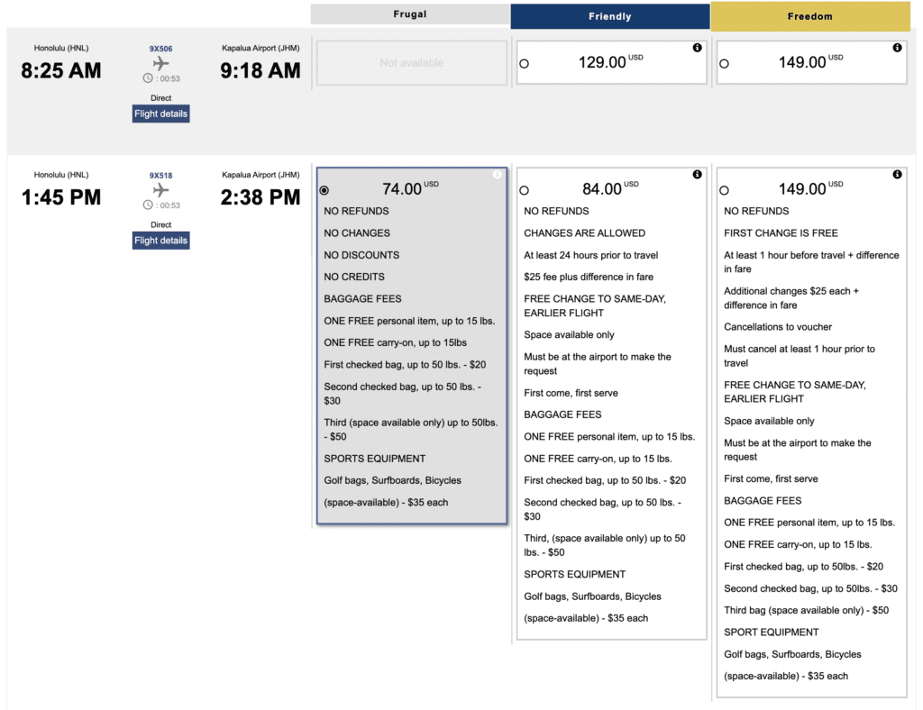 Booking options I encountered when doing my Mokulele Flight review Honolulu to Kapalua