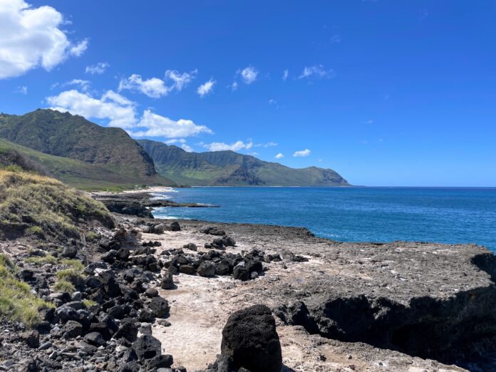 a rocky beach with mountains in the background
