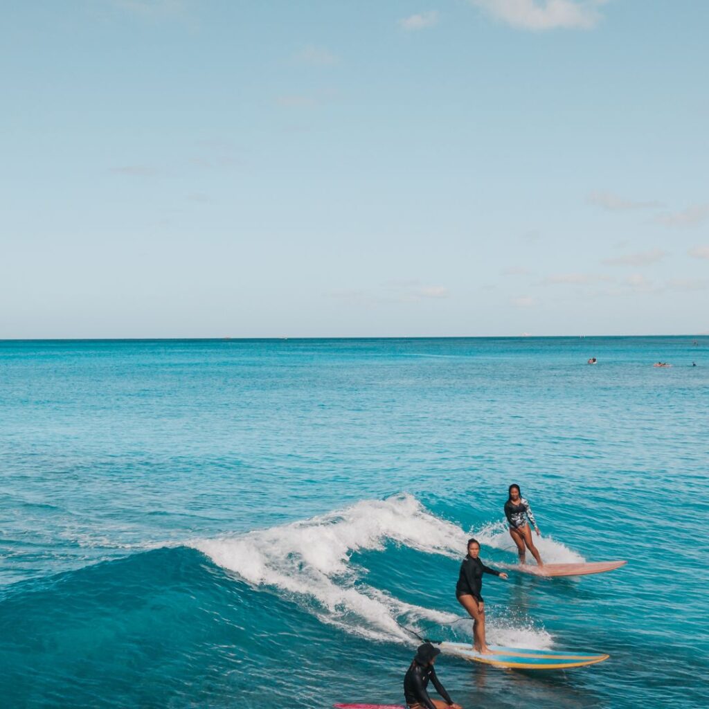 a group of people surfing in the ocean