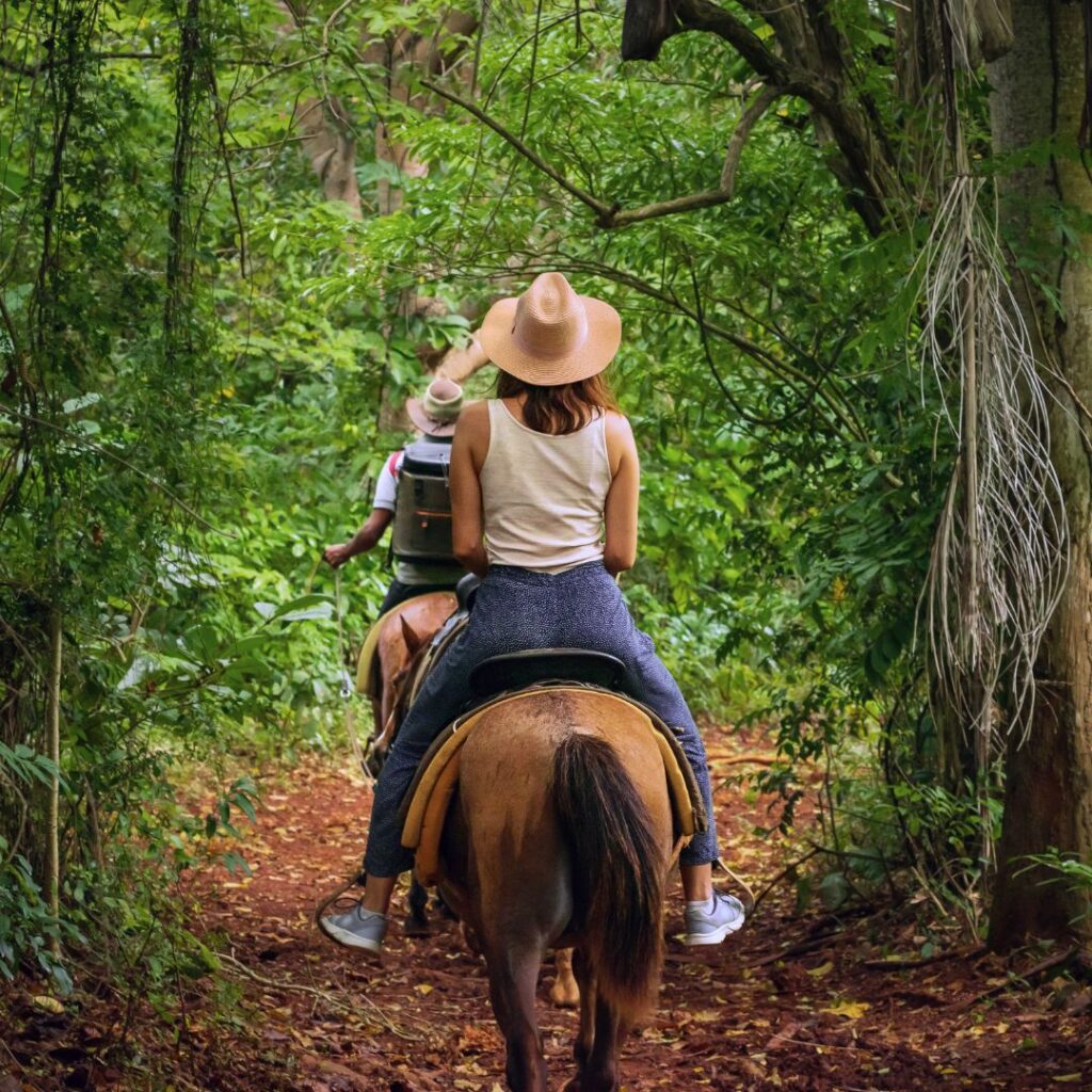 a woman riding a horse through the woods