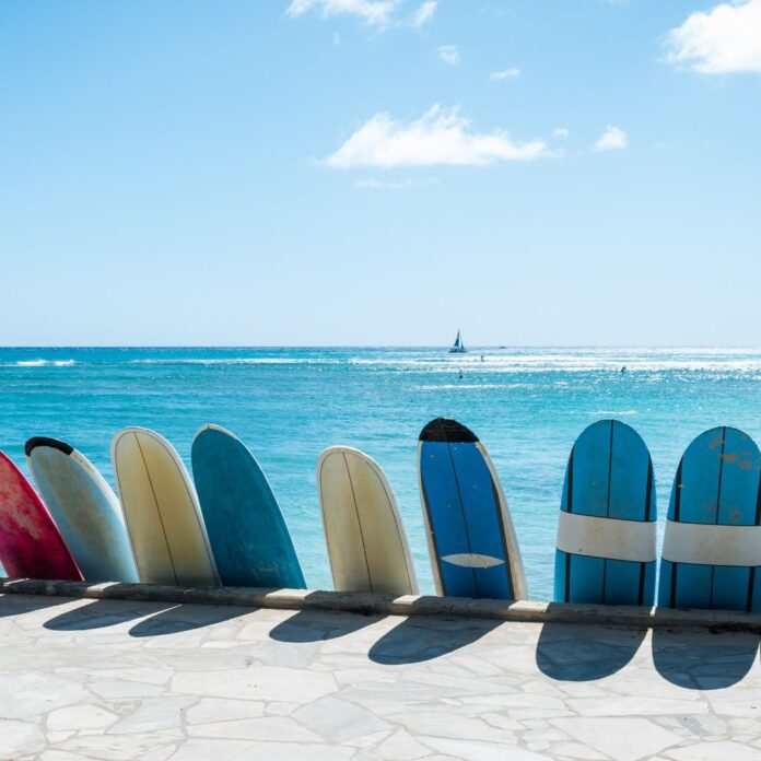 a row of surfboards leaning against a wall