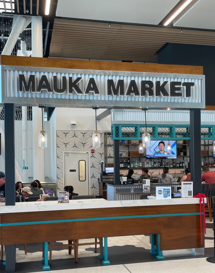a sign above a counter
