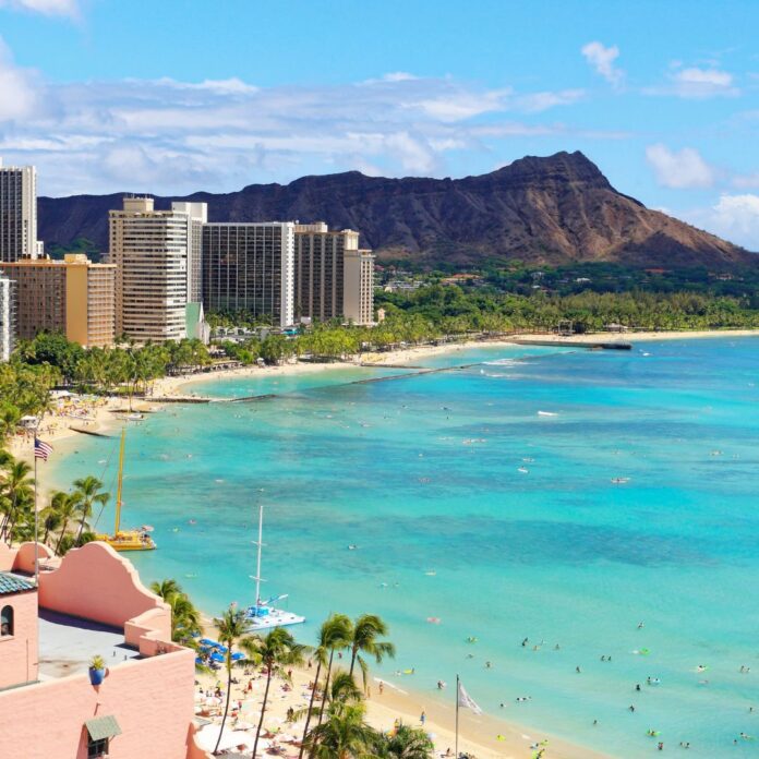 a beach with buildings and palm trees