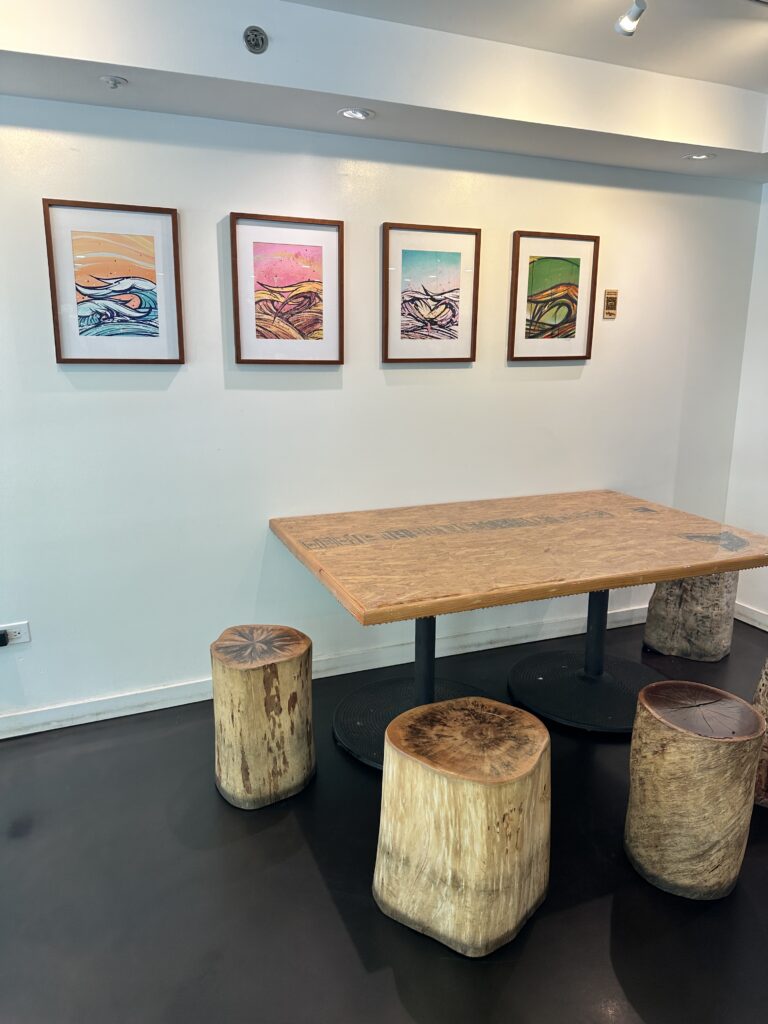 a table and stools in a room