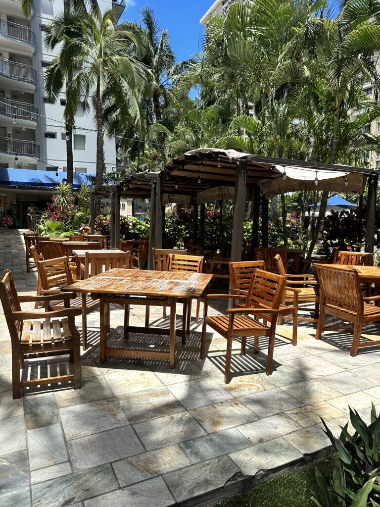 a table and chairs on a patio