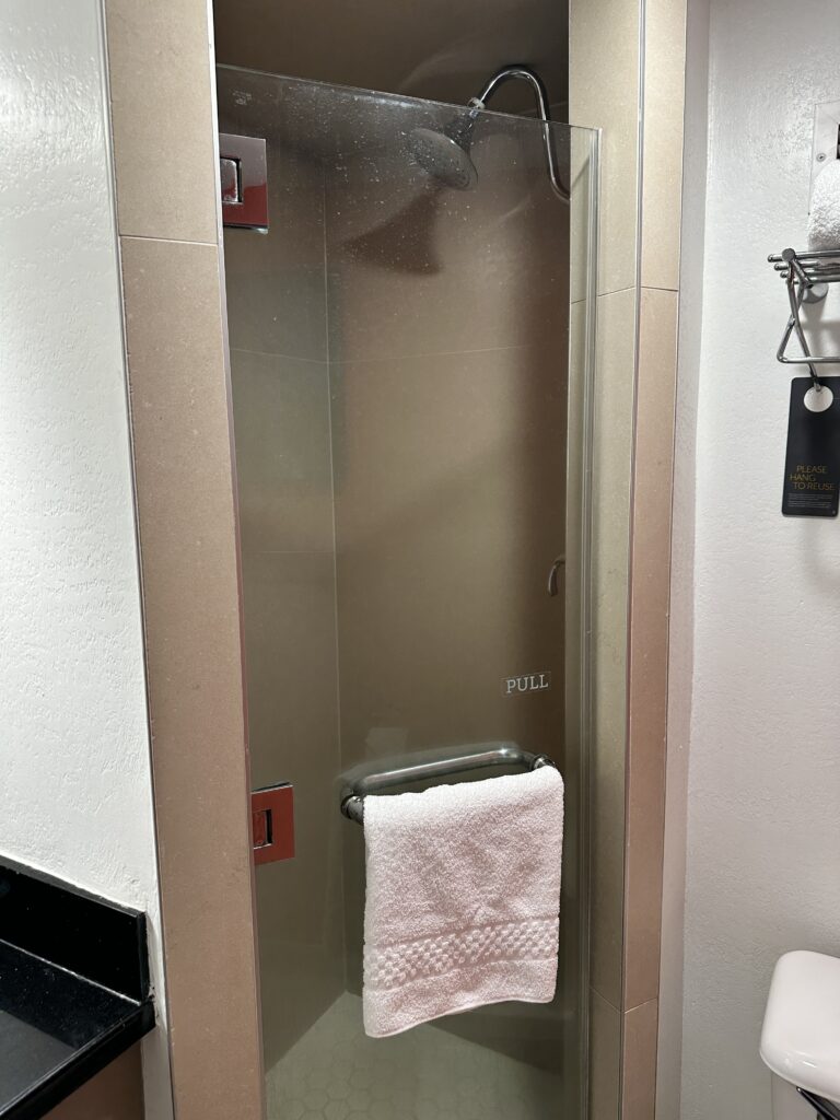 a shower with a towel on the door