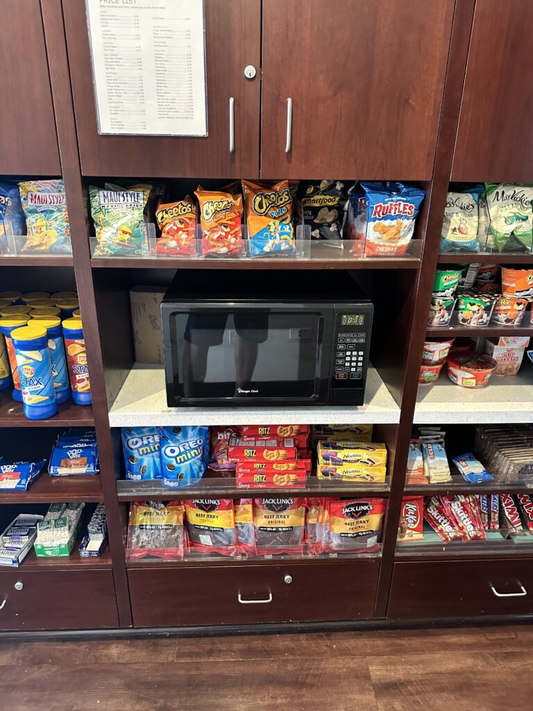 a shelf with food on it