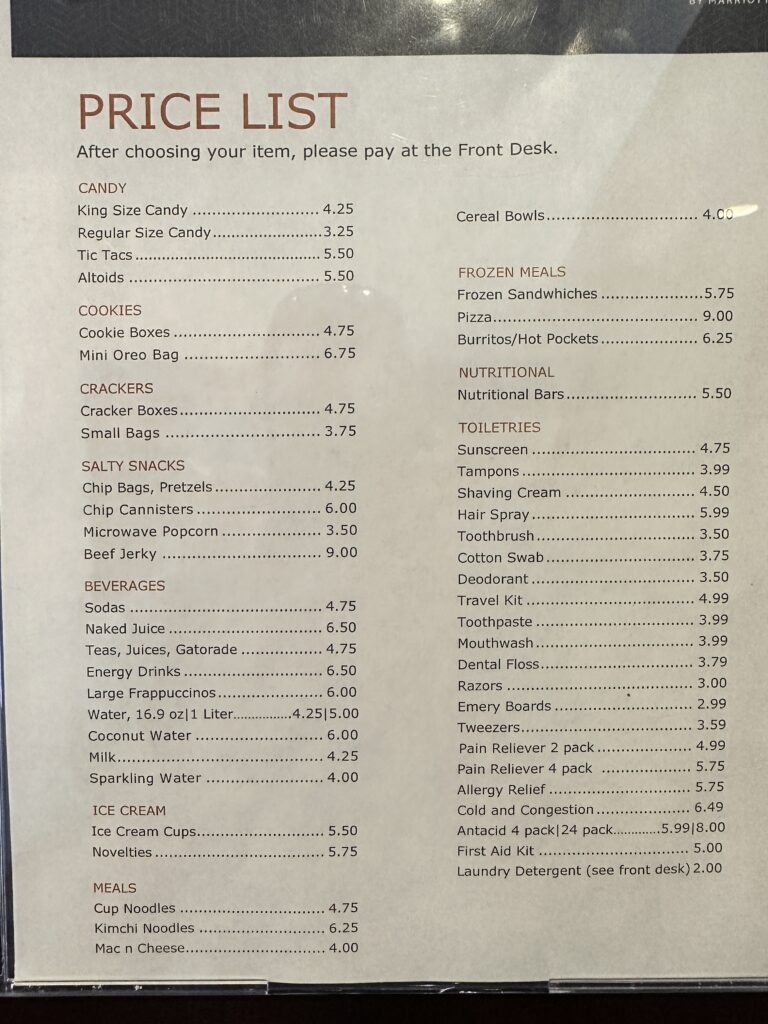 a menu with price list