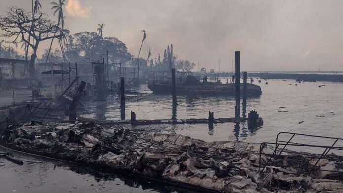 a body of water with a burned boat in it