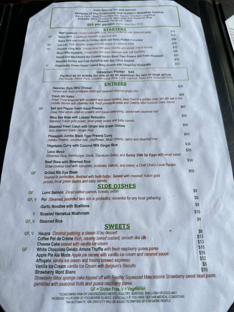 menus at Kalo Hawaiian Food by Chai's