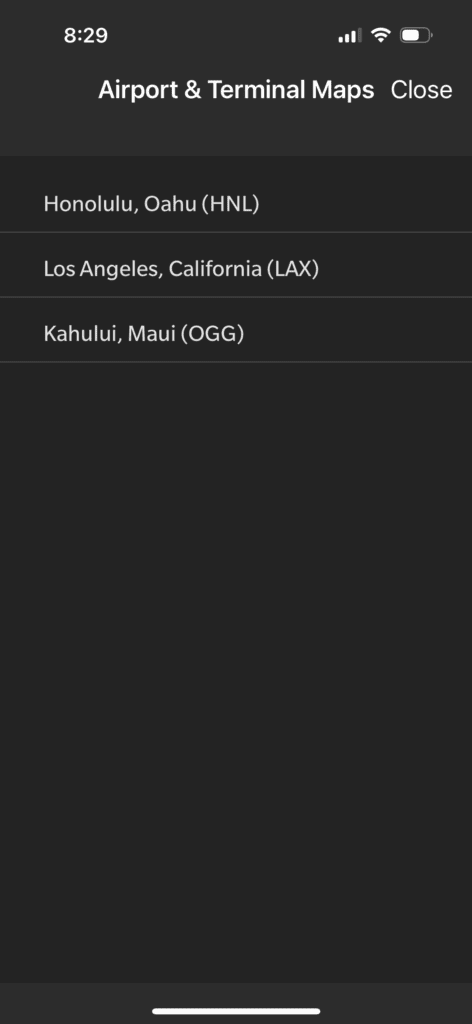 Hawaiian Airlines Mobile App showing airport terminals