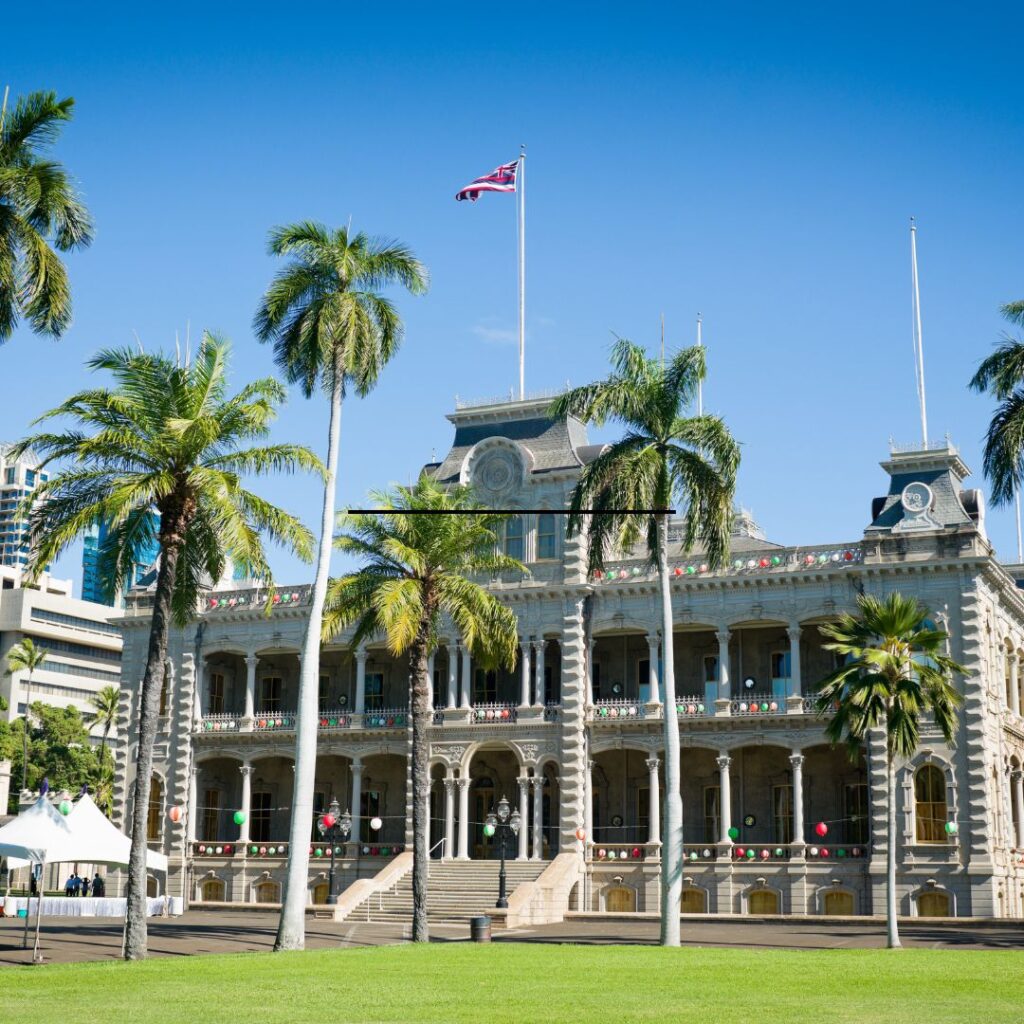 Iolani Palace with palm trees