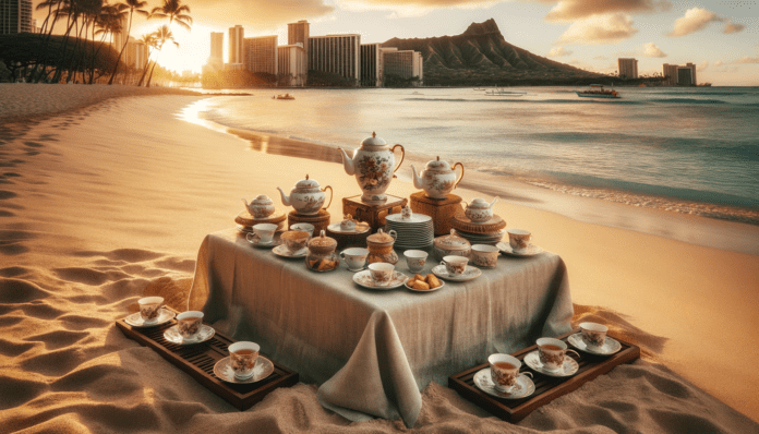 a table with teapots and cups on a beach