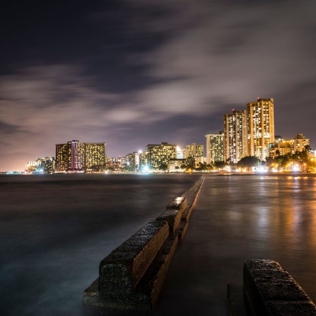 Waikiki at night is one of the best places to celebrate New Year's Eve in Hawaii
