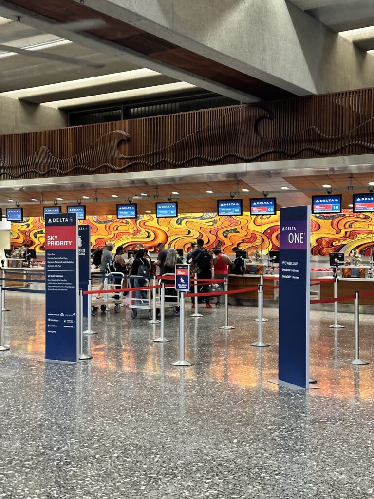 people standing in a line at an airport