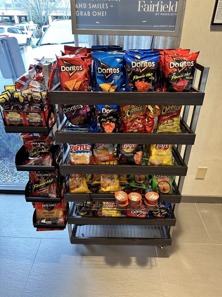 a shelf with snacks on it