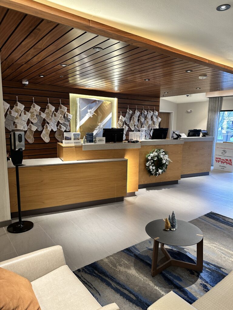 a reception desk in a hotel