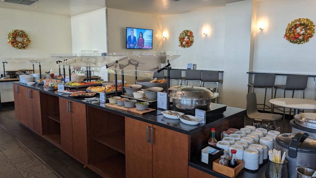 a buffet table with food on it