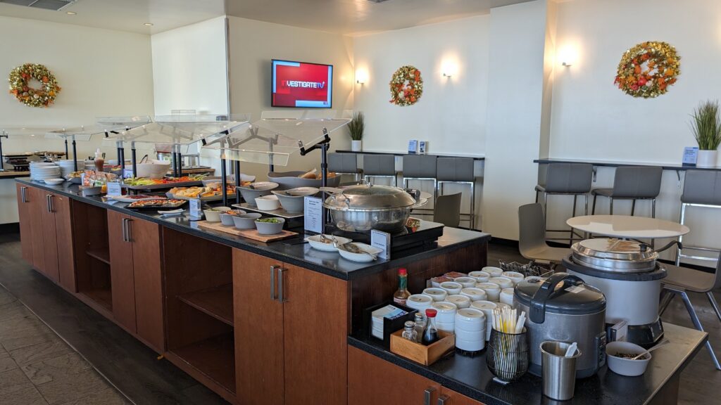 a buffet table with food on it