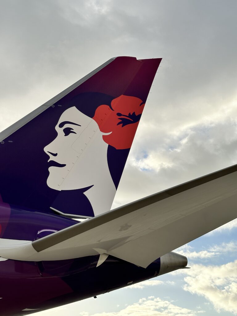 the tail of an airplane with a woman's face on it