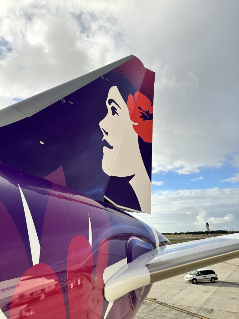 a tail fin of an airplane with a woman's face on it