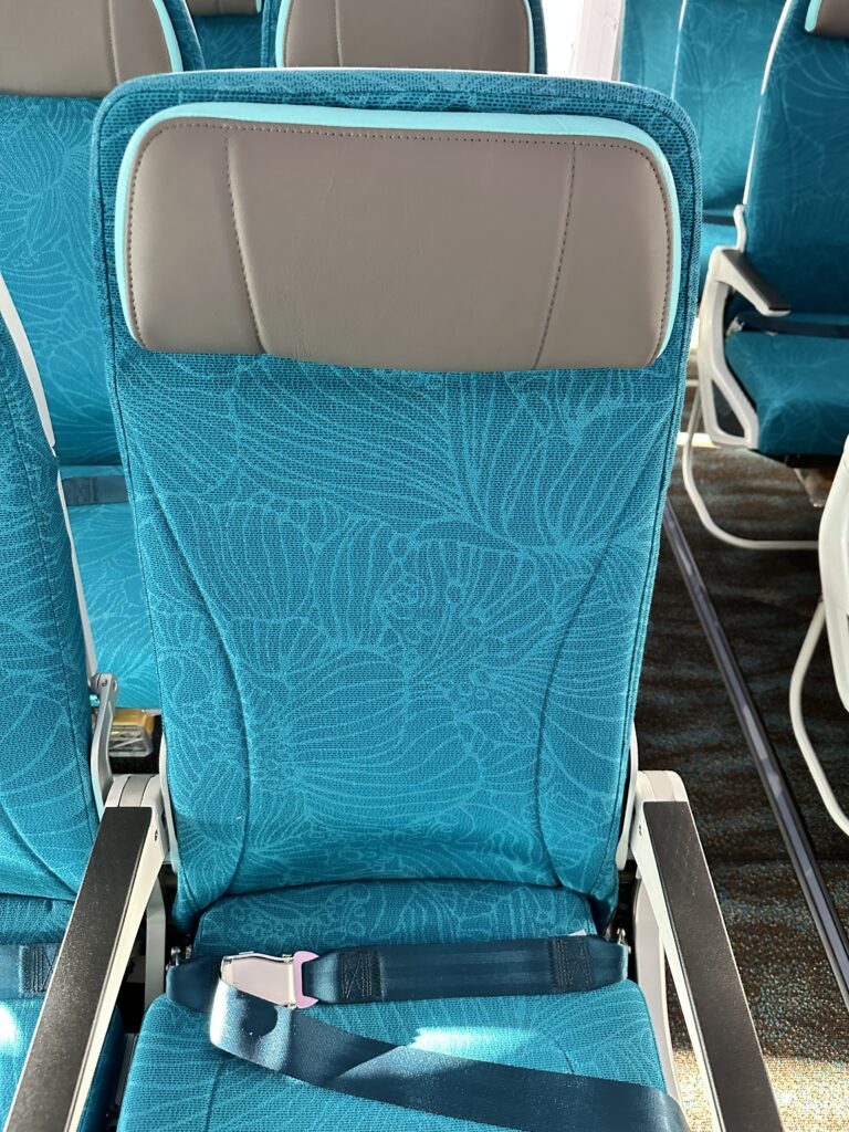 a blue and grey seat on an airplane