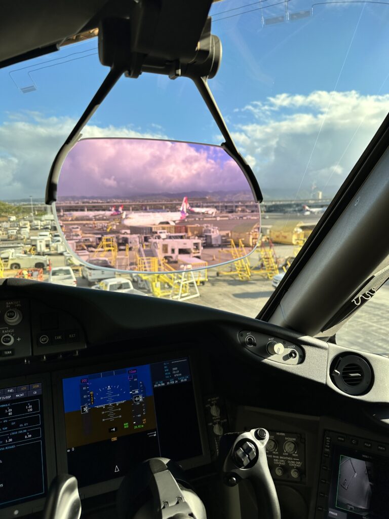 a view of an airplane from the cockpit of an airplane