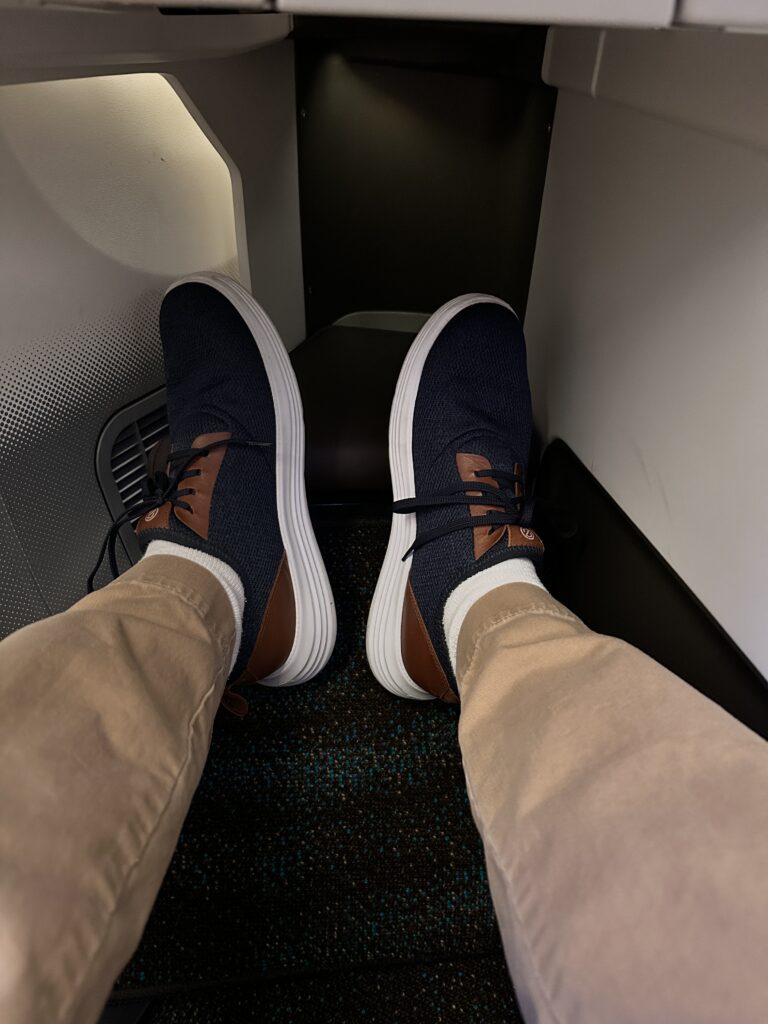 a person's legs in a plane