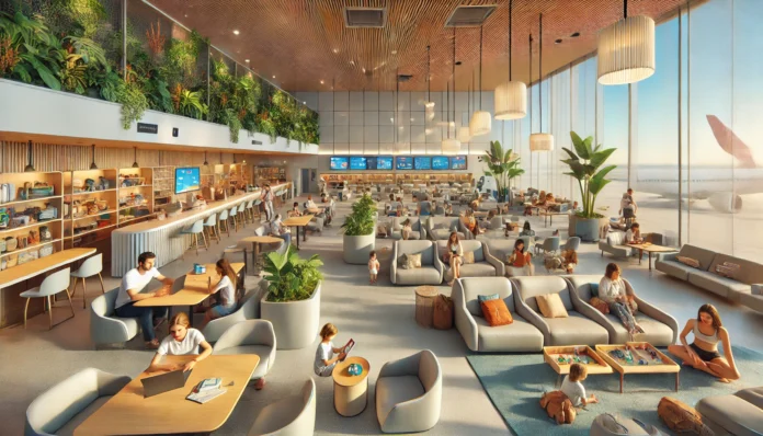 a large room with tables and chairs and tables and plants